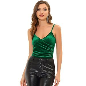 Wrap Crop Spaghetti Strap Velvet Cami Tops Dark Green